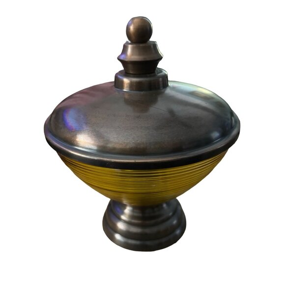 Vintage Mid Century Modern Glass Metal Candy Dish Large 7.5" Diameter Yellow Brn - Picture 8 of 11